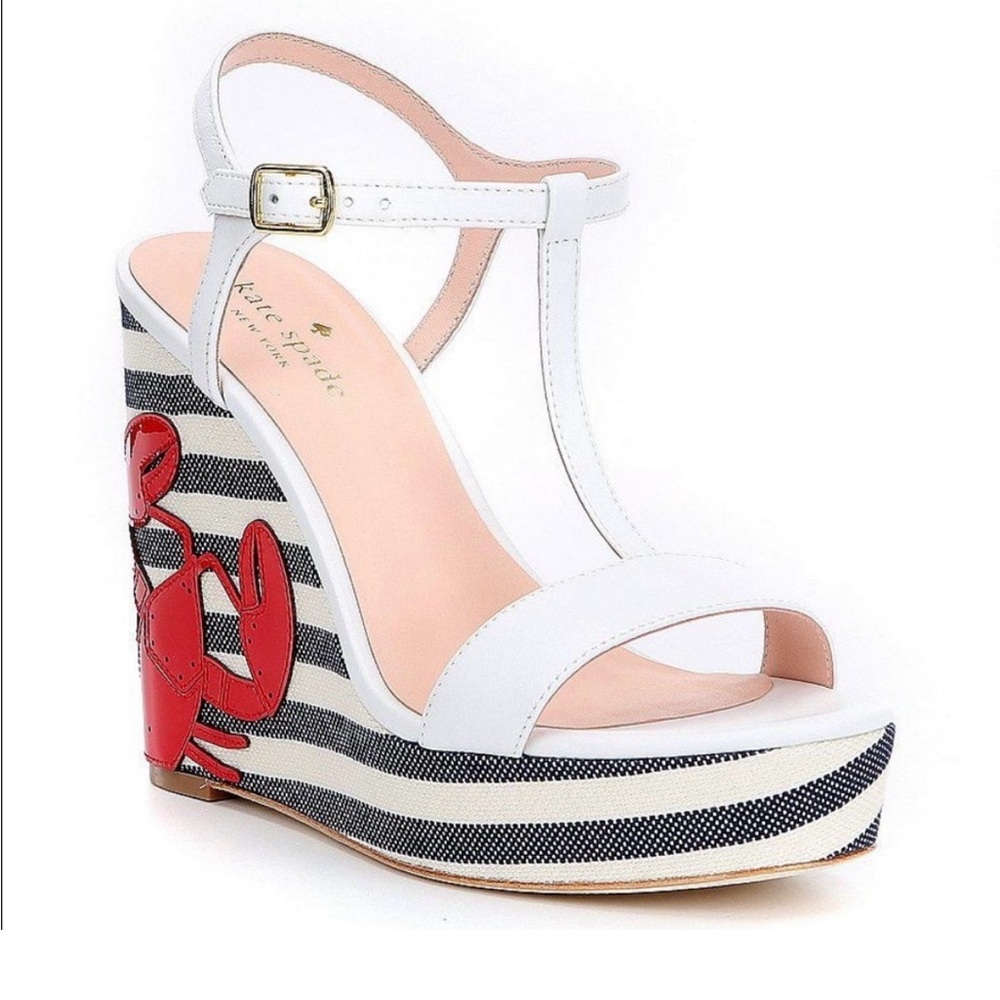kate spade deacon striped t-strap lobster wedge sandals, women’s 8.5